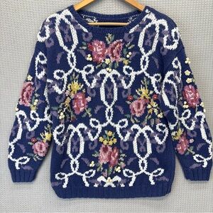 VTG Jennifer Reed Sweater Cottagecore Floral Easter Hand-Knit Bohemian Sz Med